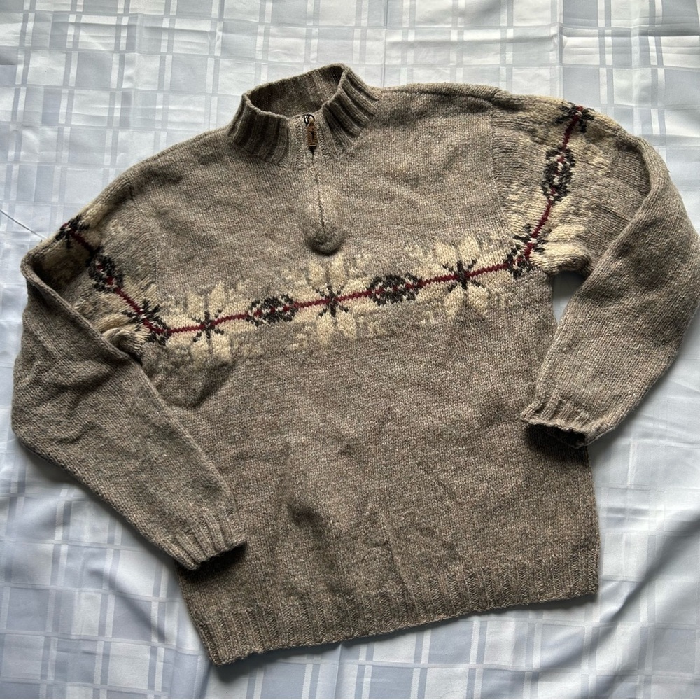 Eddie Bauer Brown Lambswool Knit Sweater with Nordic Pattern